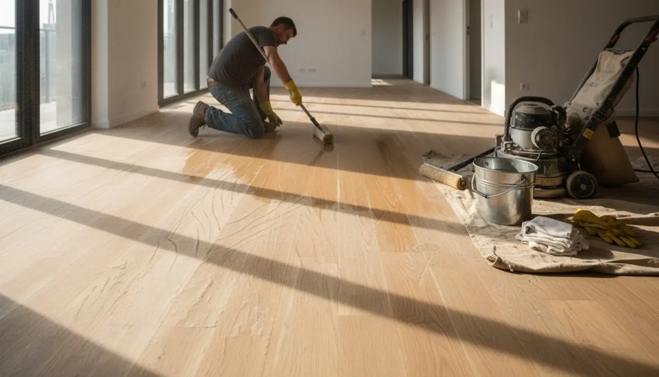 Tom lejlighed med nyligt slebne trægulve, en håndværker påfører klar olie, og gangen er tydeligt mere slidt.