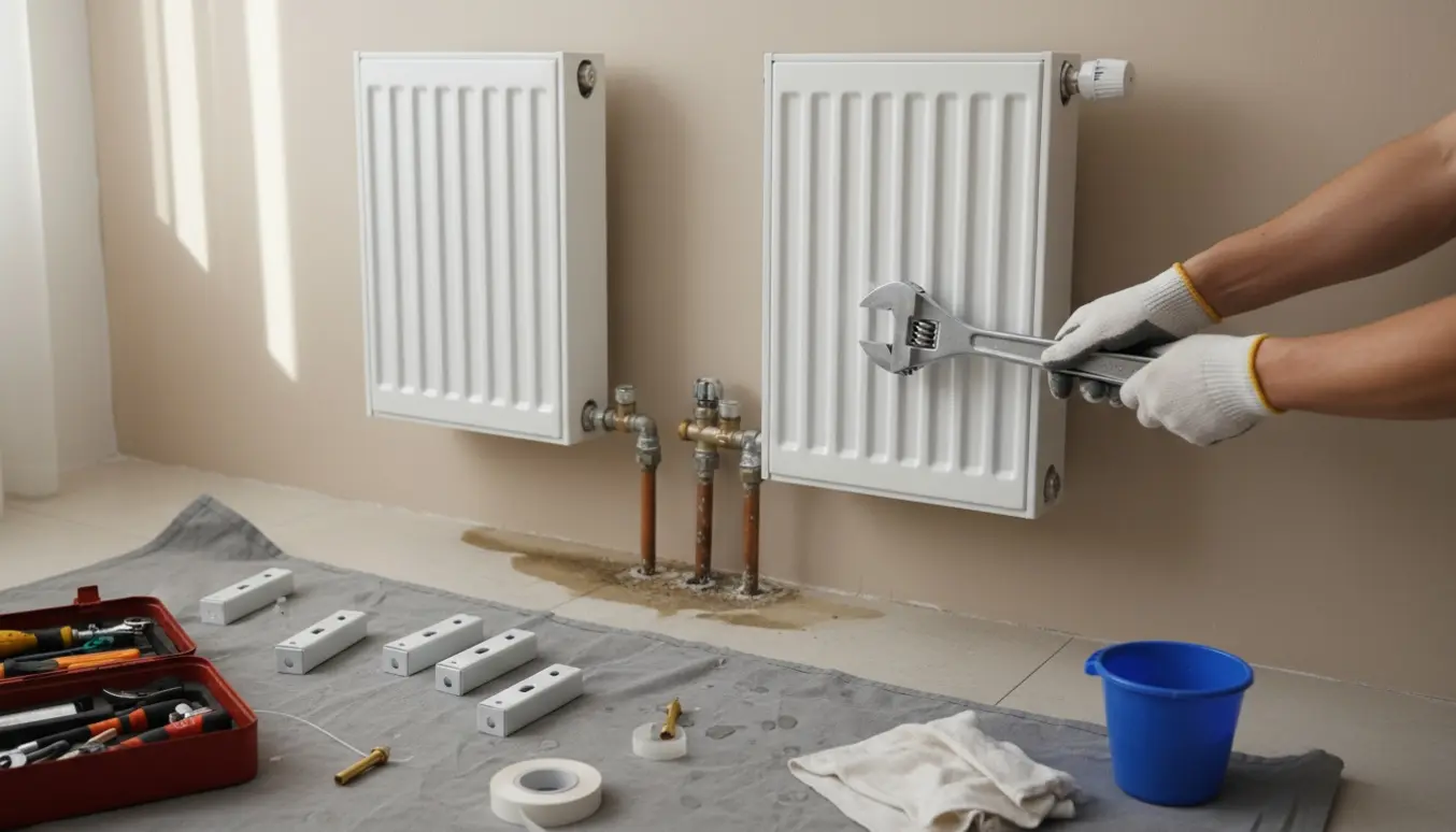 To radiatorer ved en væg under udskiftning, en hånd monterer en termostatventil.