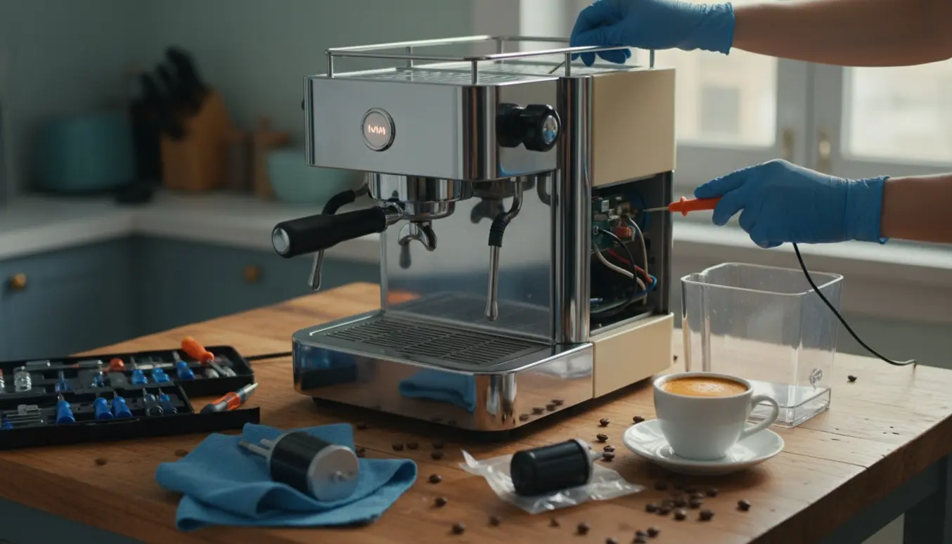 Hænder reparerer en retro espressomaskine på køkkenbordet med åben vandbeholder og værktøj.