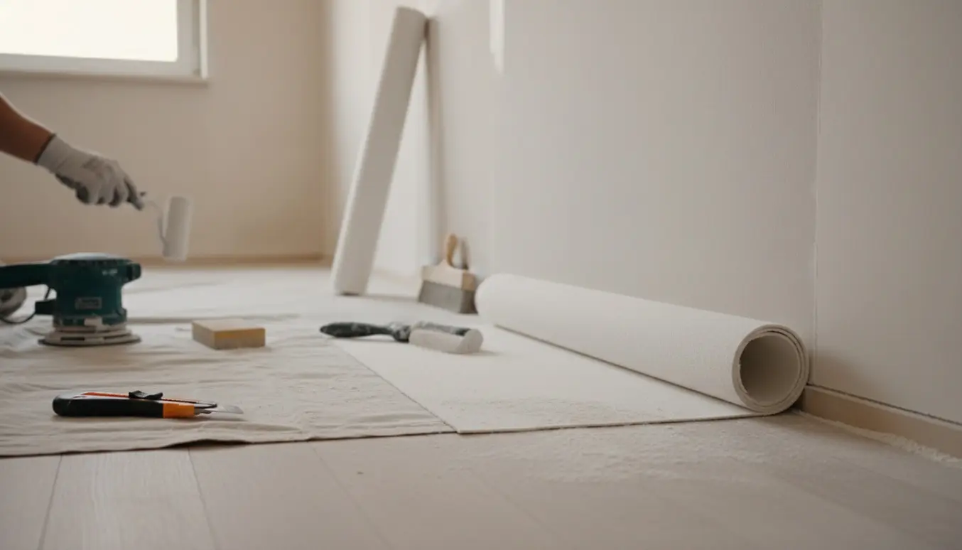 En maler sætter forgrundet filt op i et lyst rum med nyslebne vægge, kun hænder og værktøj synlige.