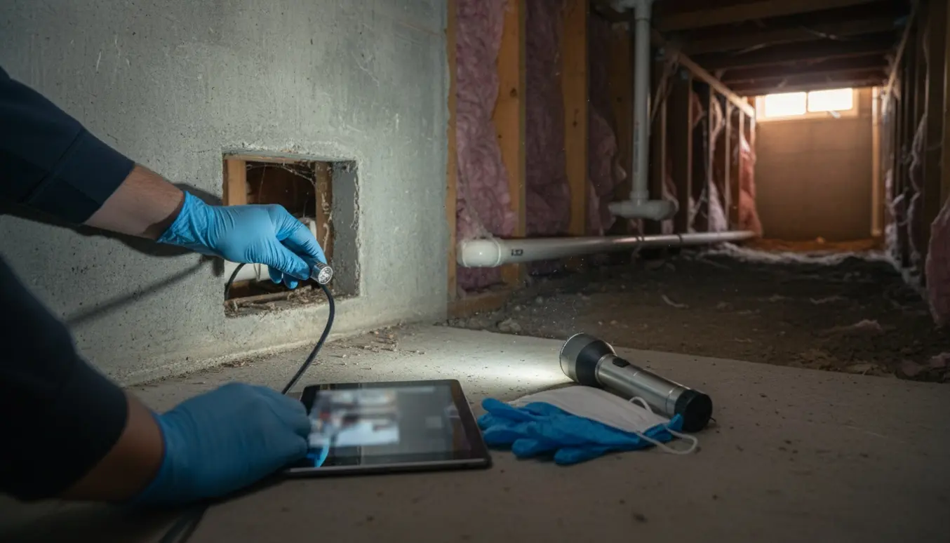 Hånd i handsker fører en endoskop-kamera ind gennem en krybekælderåbning ved kældergulvet, med tablet og lommelygte ved siden af.