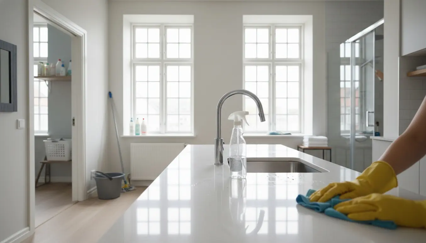 Indvendigt foto af rengøring før flytning med hænder, der tørrer køkkenbordet, moppe i bryggers og svirp med vinduesvisker i badeværelset.