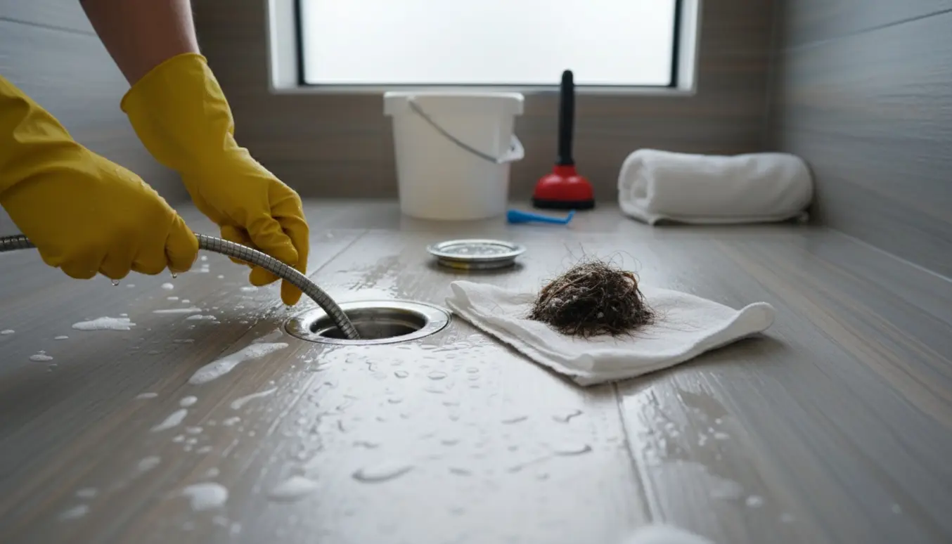 Hænder i gummihandsker bruger en afløbsfjeder til at rense et stoppet bruseafløb, med vand og håndklæder omkring.