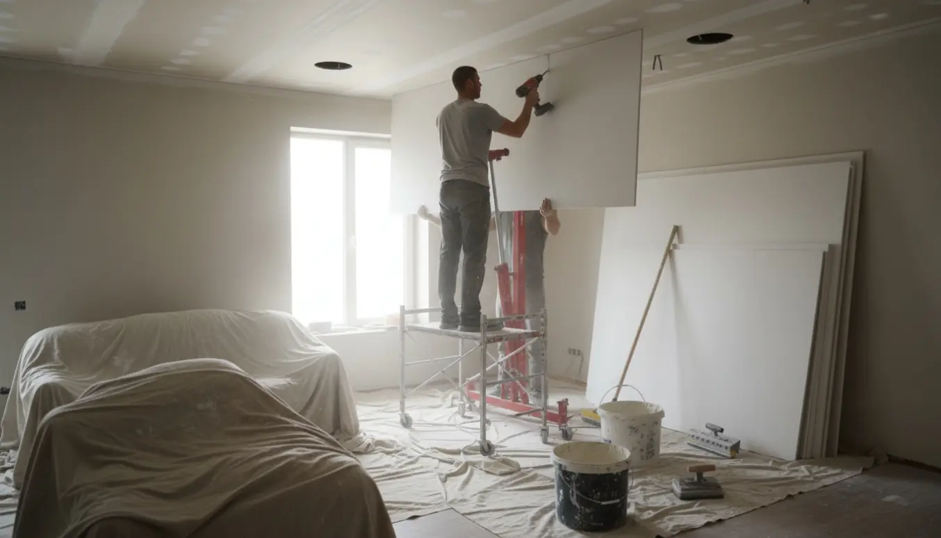 Gipsplader monteres på et pudset loft i et rum på ca. 20 m², håndværker på stillads holder en plade.