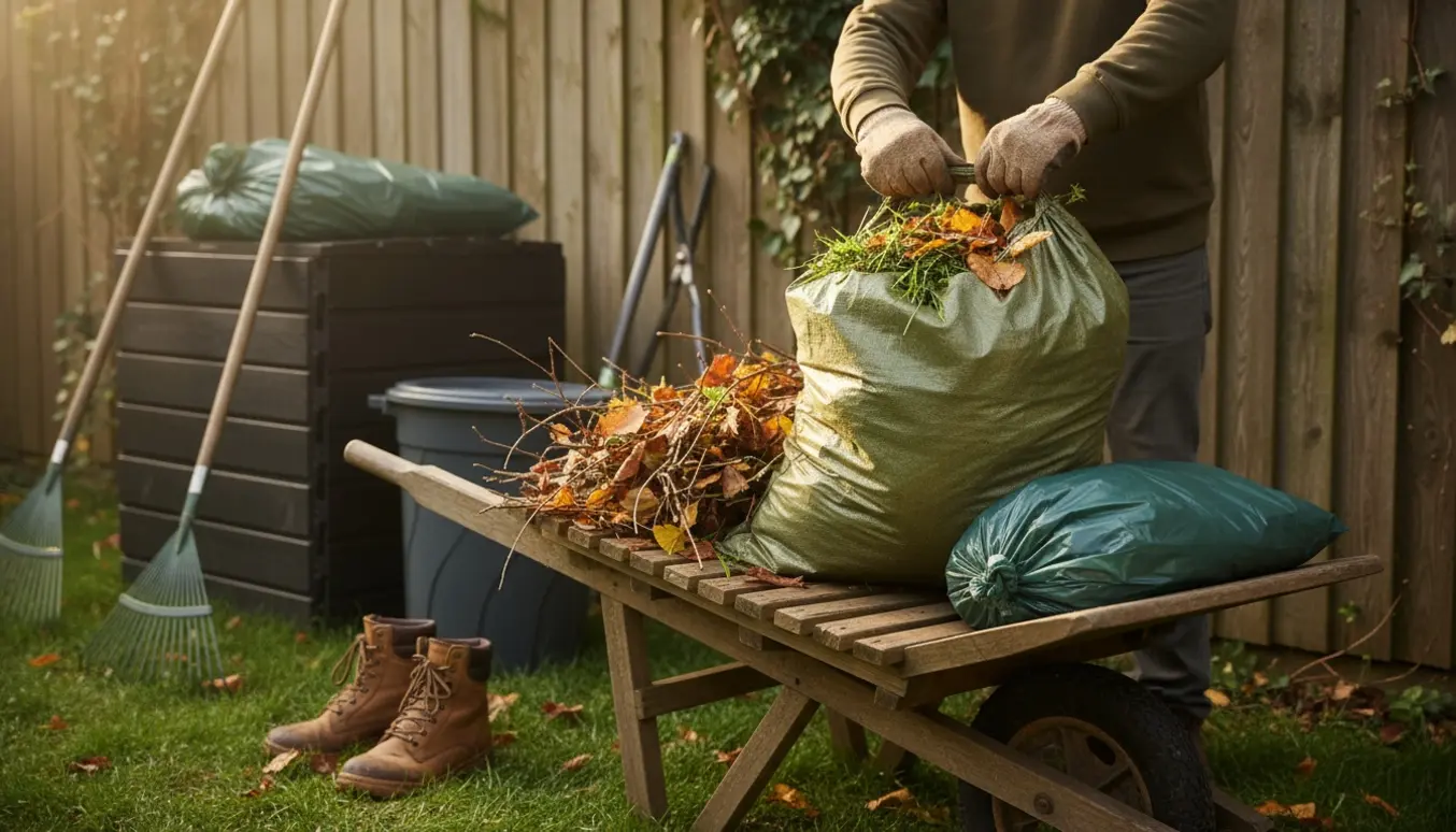 Hænder binder en haveaffaldspose ved en fyldt trillebør i en forstadshave.