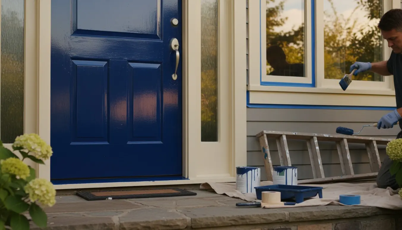 Maler set bagfra maler en højglansdør og vindueskarme på et lille hus med pensel, rulle og malerbøtter.