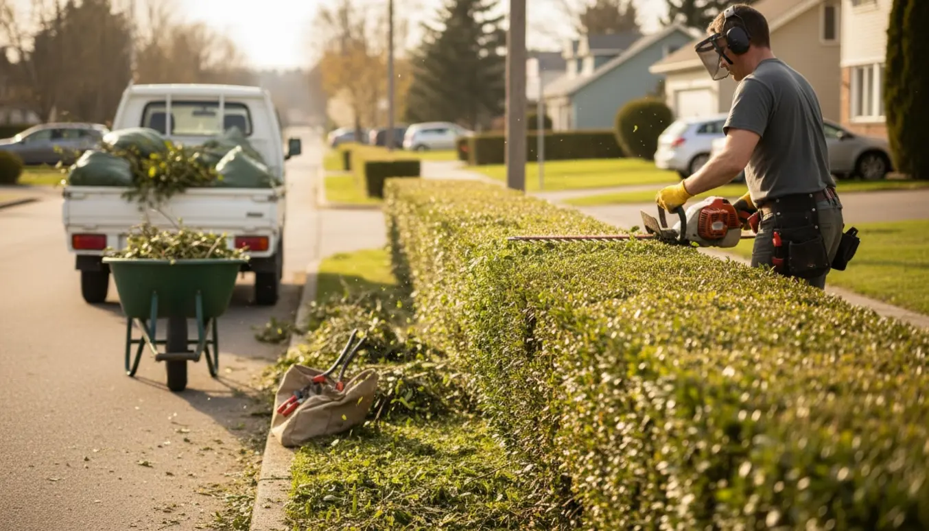 En gartner beskærer en lang hæk langs en stille vej med bunke af afklippede grene og trailer klar til haveaffald.