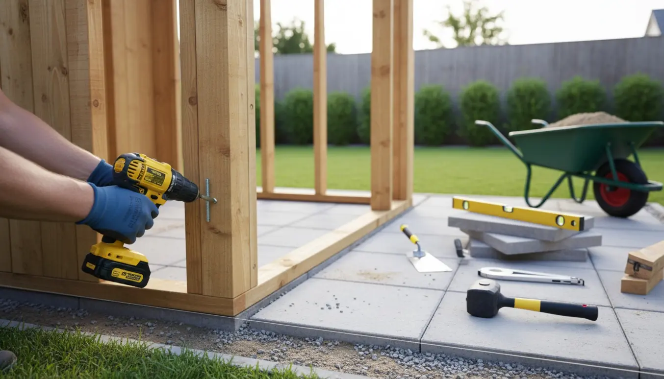 Et haveskur er ved at blive opsat på et forberedt flise- og grusunderlag i en solrig have.