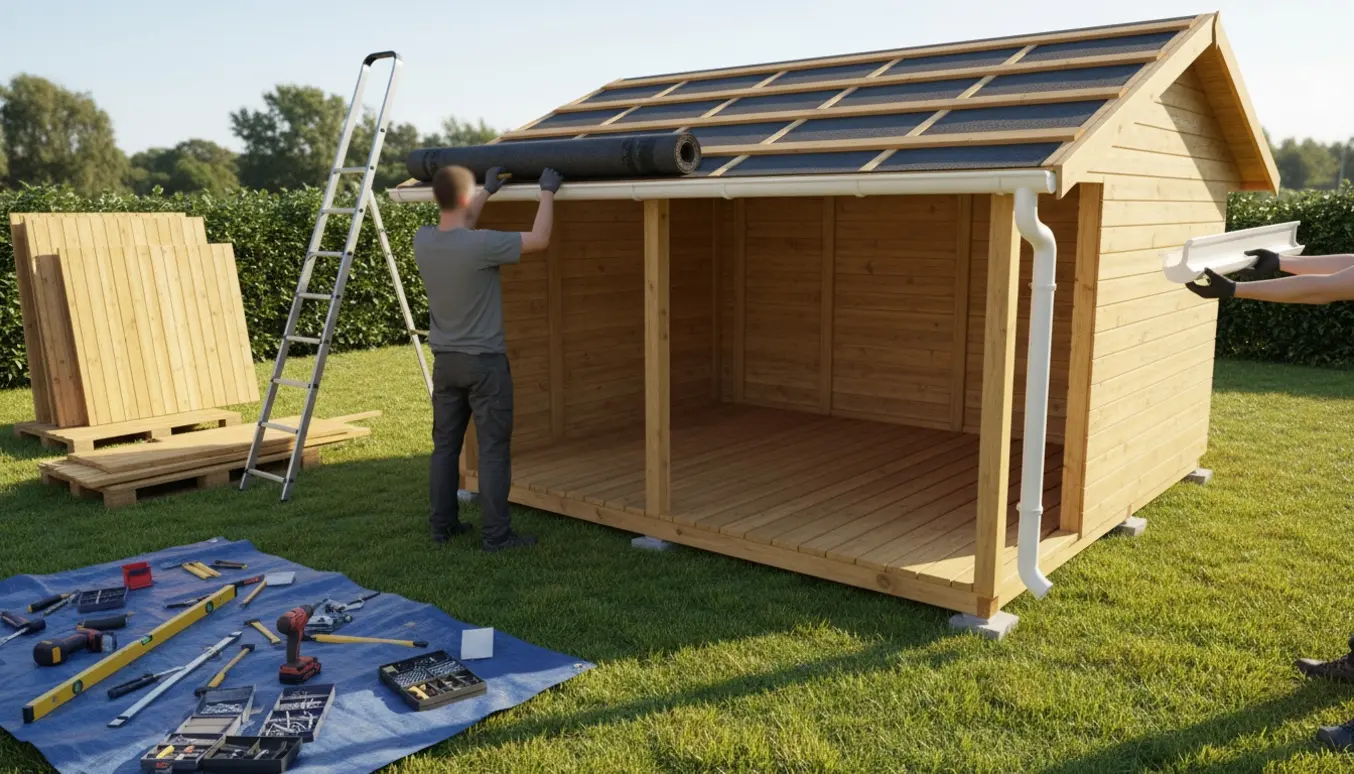 Montering af et træskur på en græsplæne med gulvsæt, tagpap og tagrende klar til montage.
