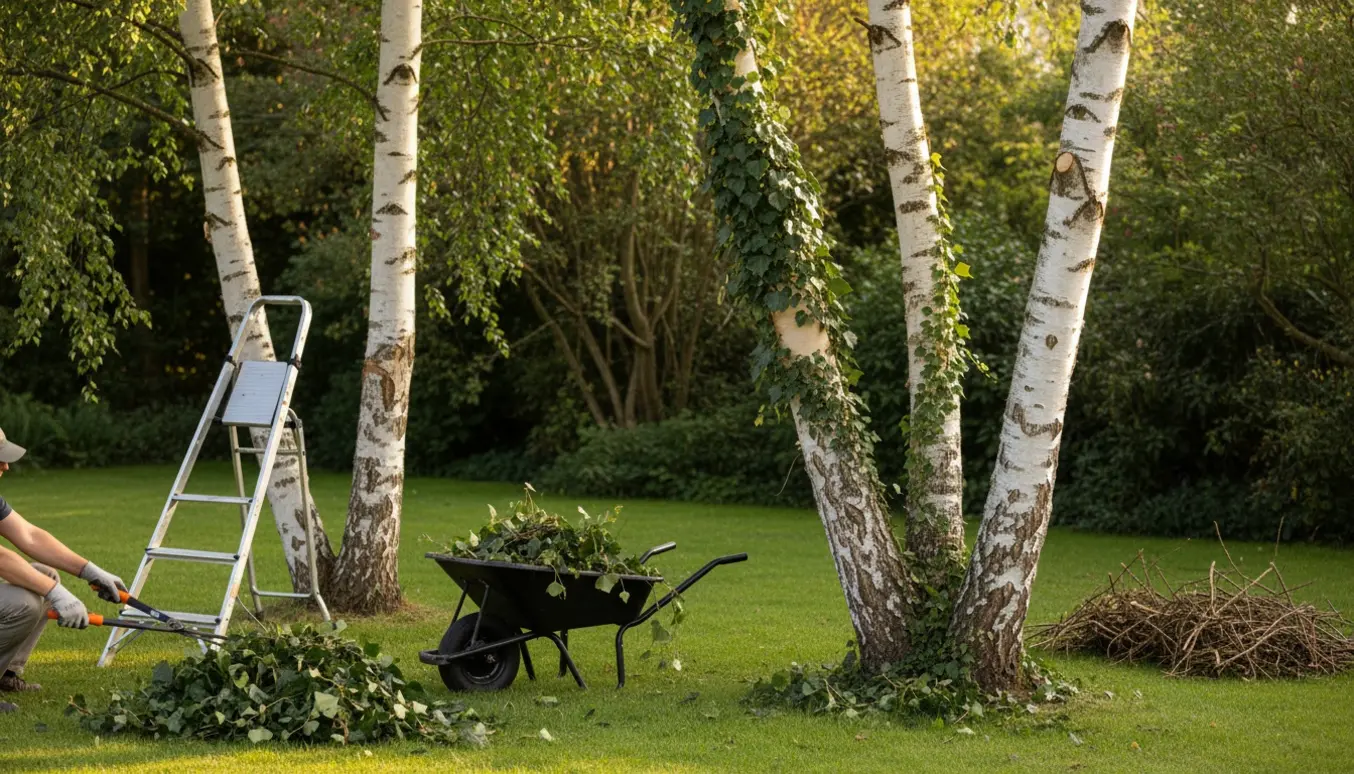 Tre birketræer i en have, glovede hænder fjerner efeu med beskæringsværktøj og afklippet efeu ligger i bunker på græsset.