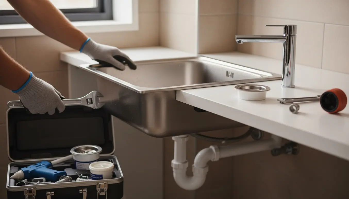 Håndværker udskifter en stålvask og et krom armatur i et lyst bryggers med værktøj klar ved siden af.