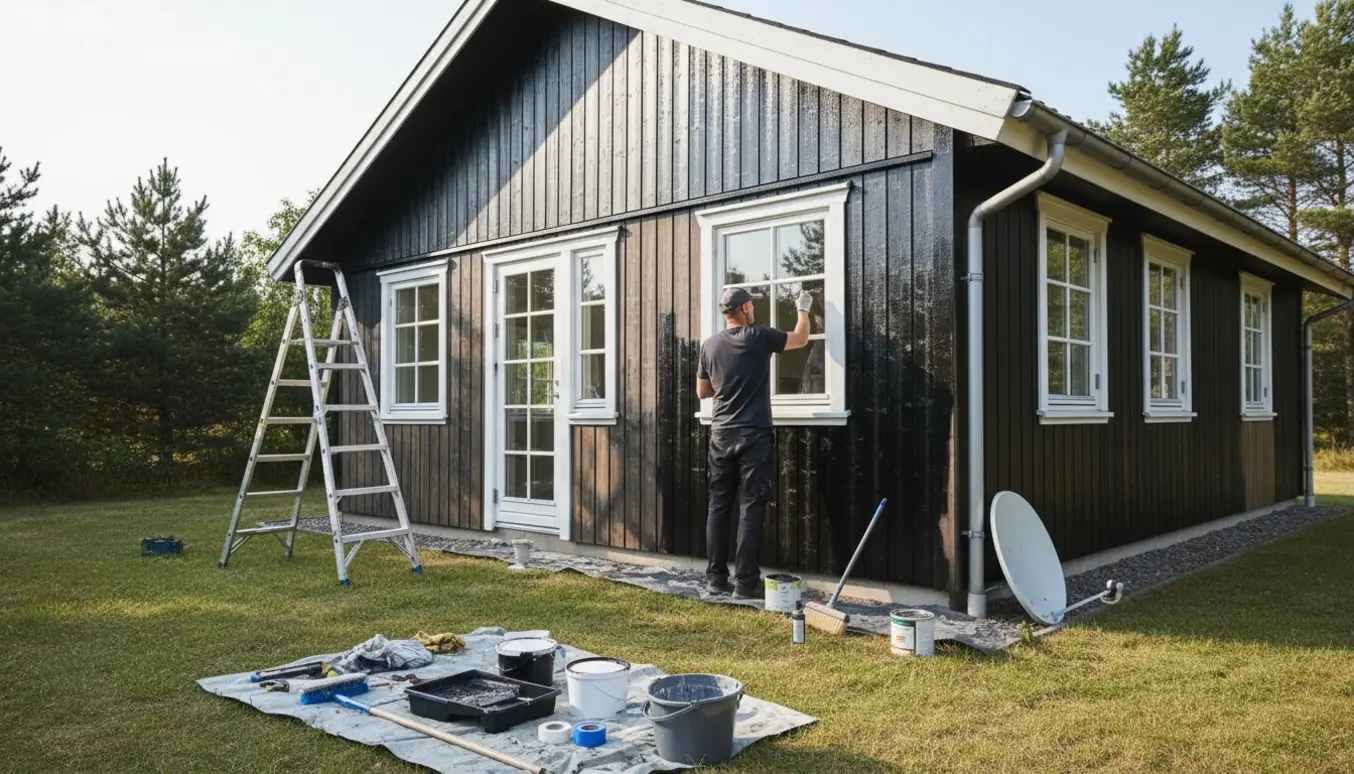 Sommerhus med sort facade og hvide karme under forberedelse og udvendig maling, værktøj og nedtaget parabol i forgrunden.