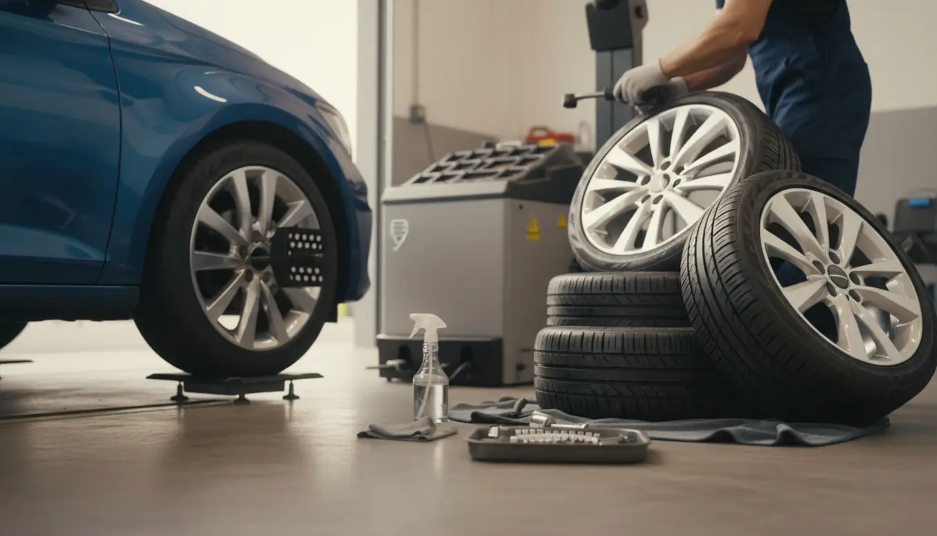 Mekaniker med handsker monterer et renset fælg på en hjulbalancer i en veloplyst garage.