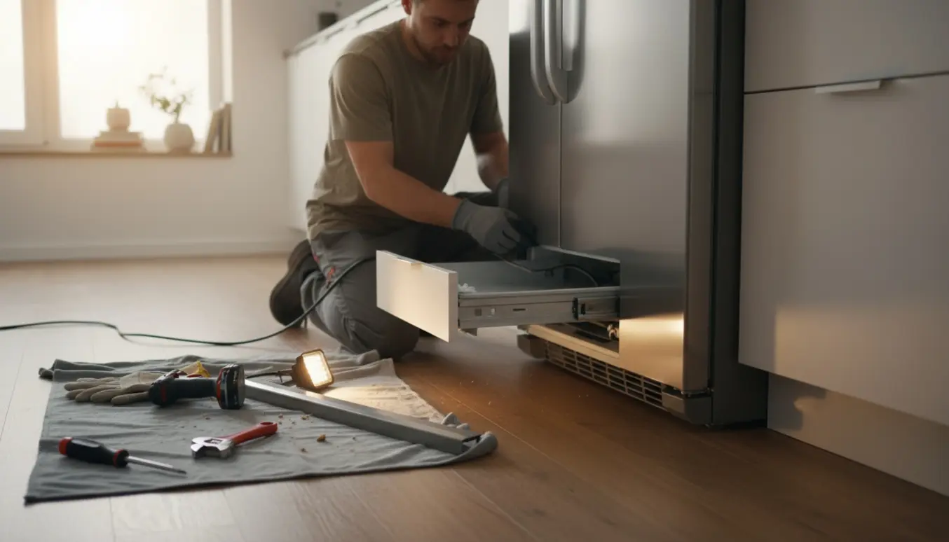 Afmontering af køleskab i et lyst køkken, hvor skuffen under køleskabet er fjernet og værktøj ligger klar.