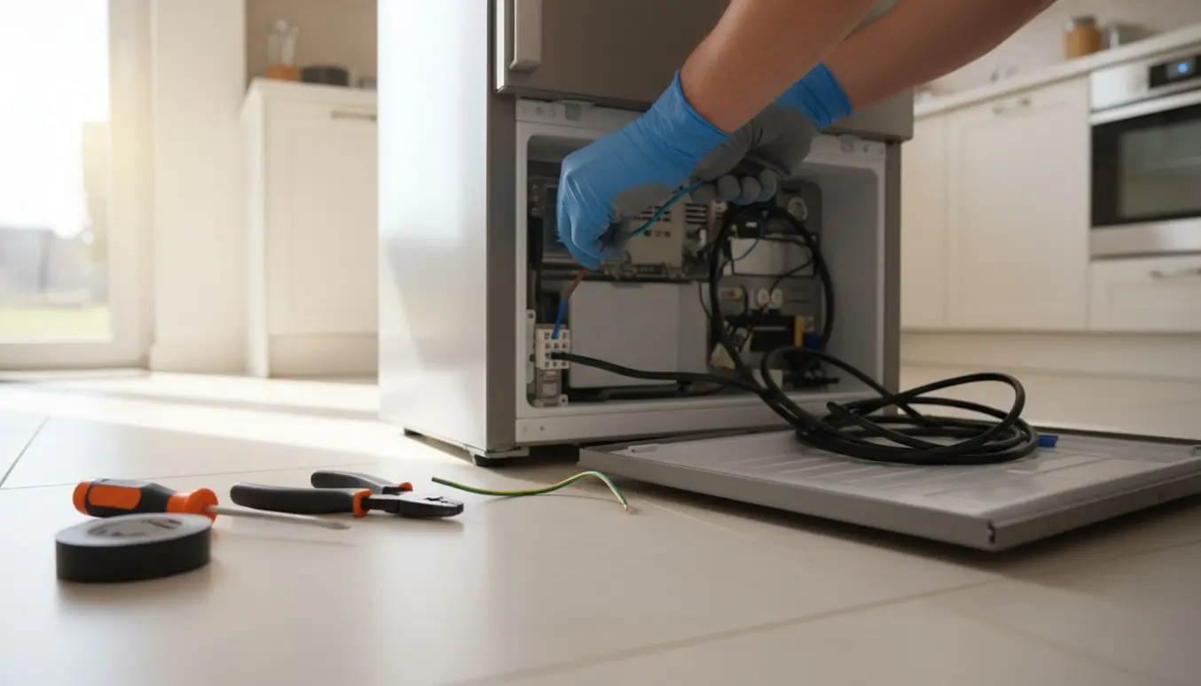 Handskerede hænder tilslutter køleskabets strømledning i en åben samleboks bag et rustfrit køleskab.