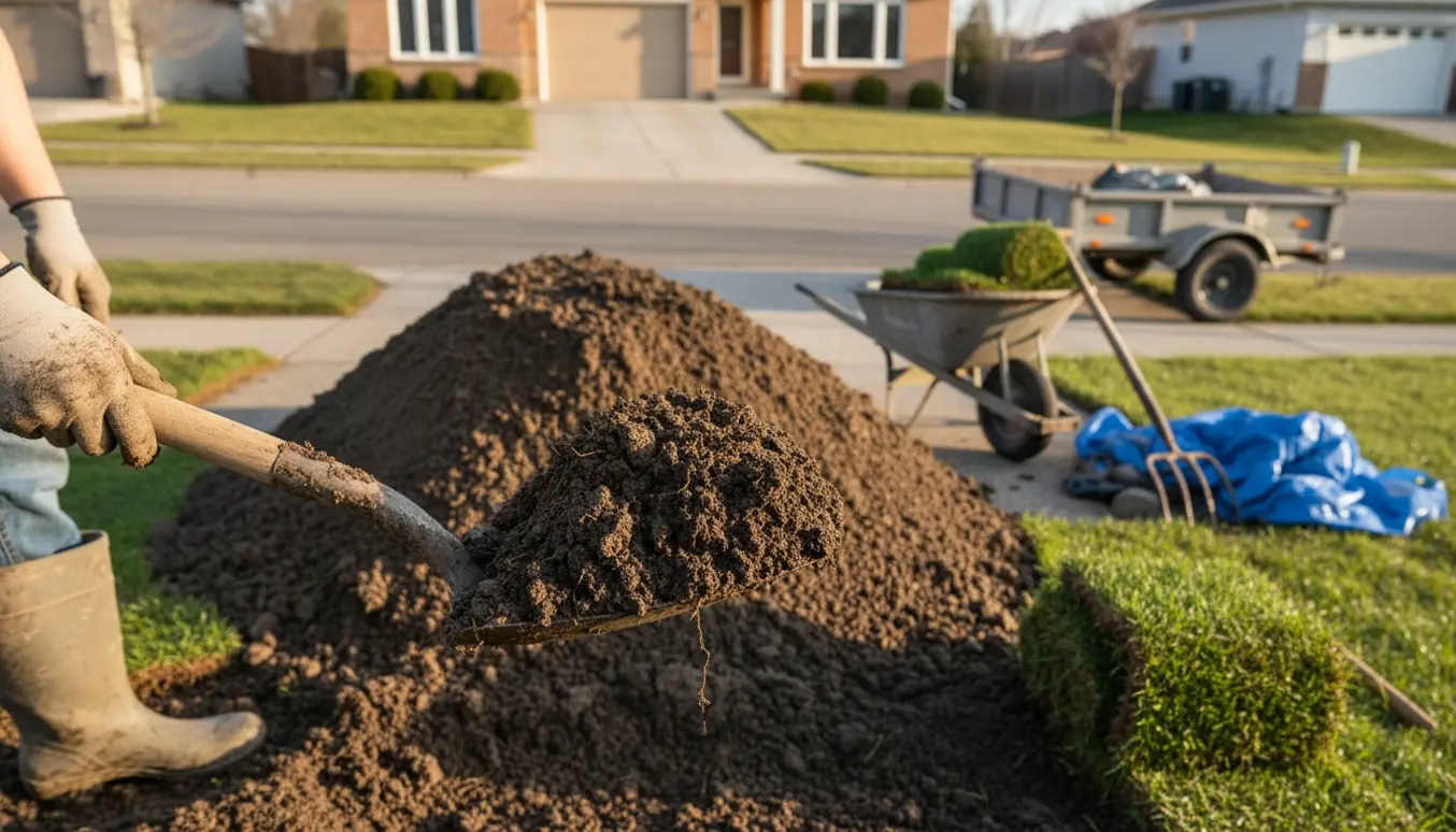 Bunke med tung, leret havejord og ruller af græstørv i en indkørsel ved trillebør og skovl, klar til bortkørsel.
