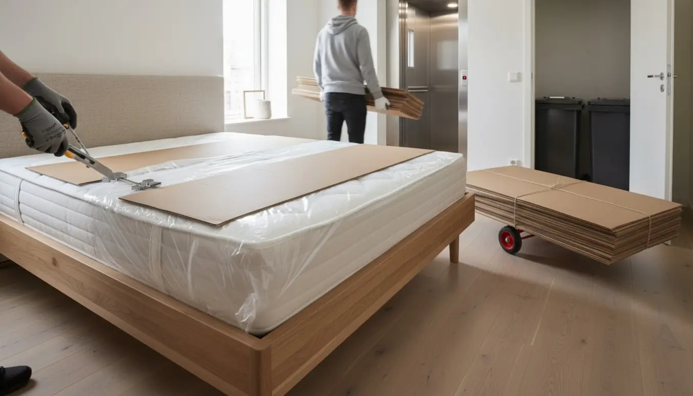 En person pakker og samler en ny boxmadras i en lejlighed, mens sammenfoldet pap bæres mod opgangens affaldsskur.