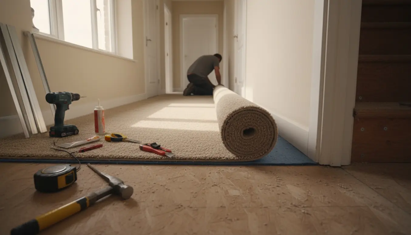 En håndværker tilpasser og lægger nyt væg-til-væg tæppe i en entre ved døråbninger og trappe.