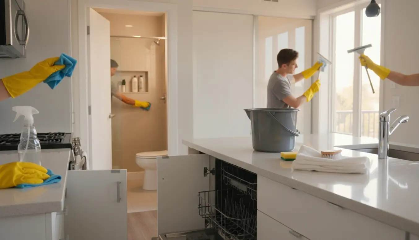 Åbent køkken og badeværelse under fraflytningsrengøring med gummihandsker, klude og rengøringsudstyr.
