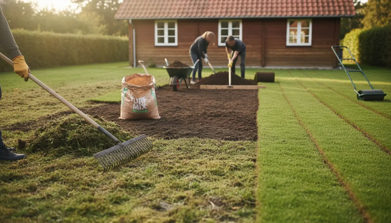 Installation af ny græsplæne ved sommerhus med fjernet mos, planering og udrulning af rullegræs.