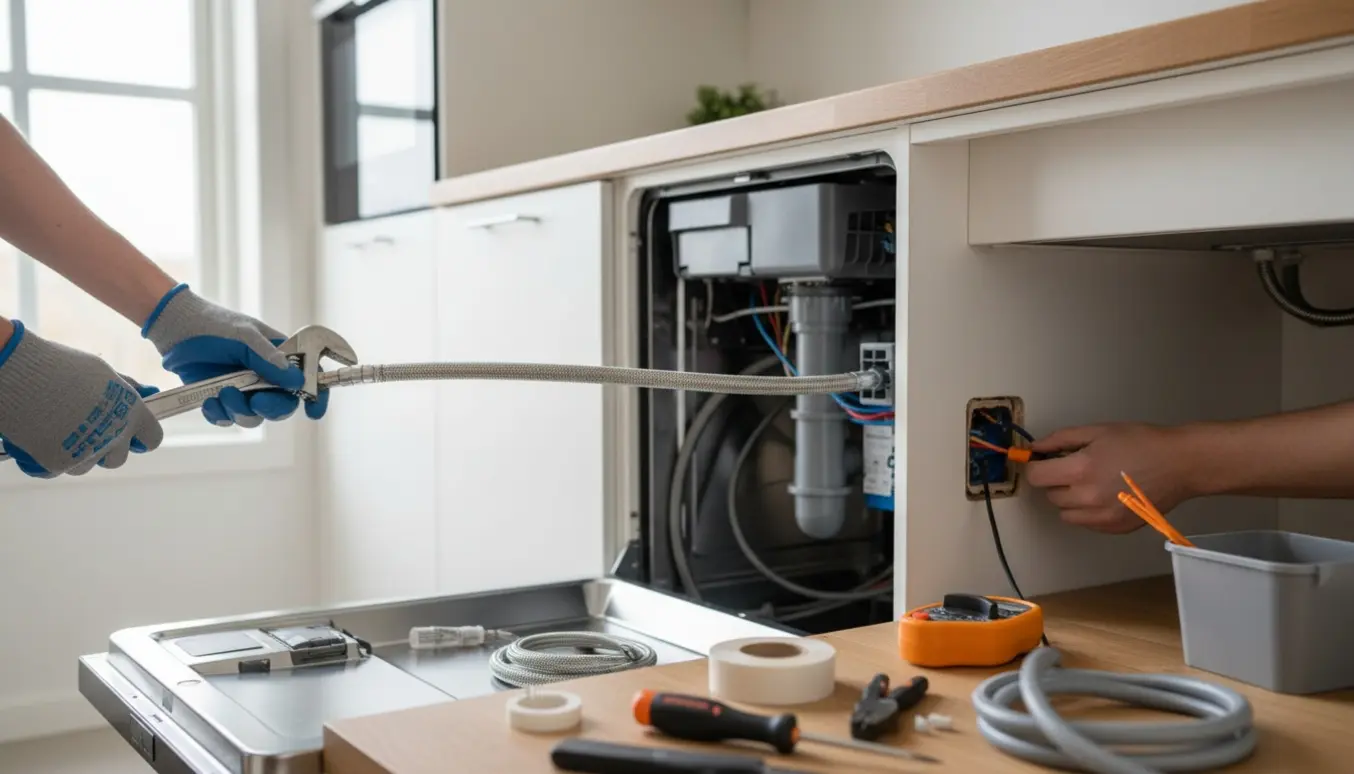 Delvist trukket opvaskemaskine i et moderne køkken, hænder tilslutter vandrør og el med værktøj.