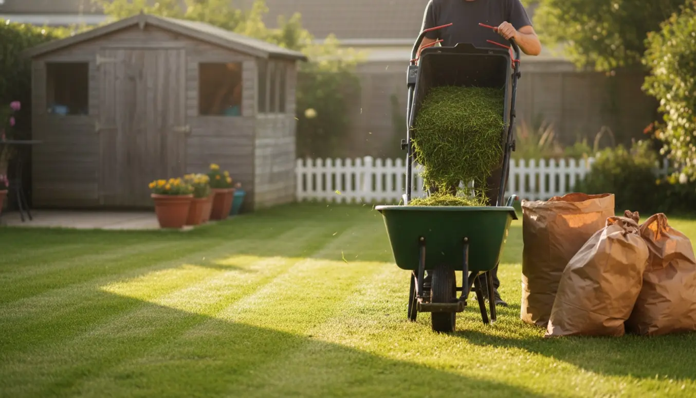 Nyslået græs med en person, der tømmer græsopsamler i en trillebør klar til bortkørsel.