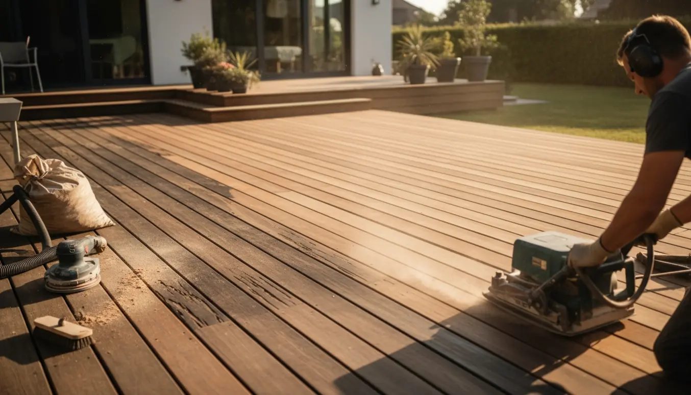 En soloplyst ipe-terrasse der bliver slebet, med tydelig kontrast mellem ru, splintet træ og en glat, nyslebet overflade.