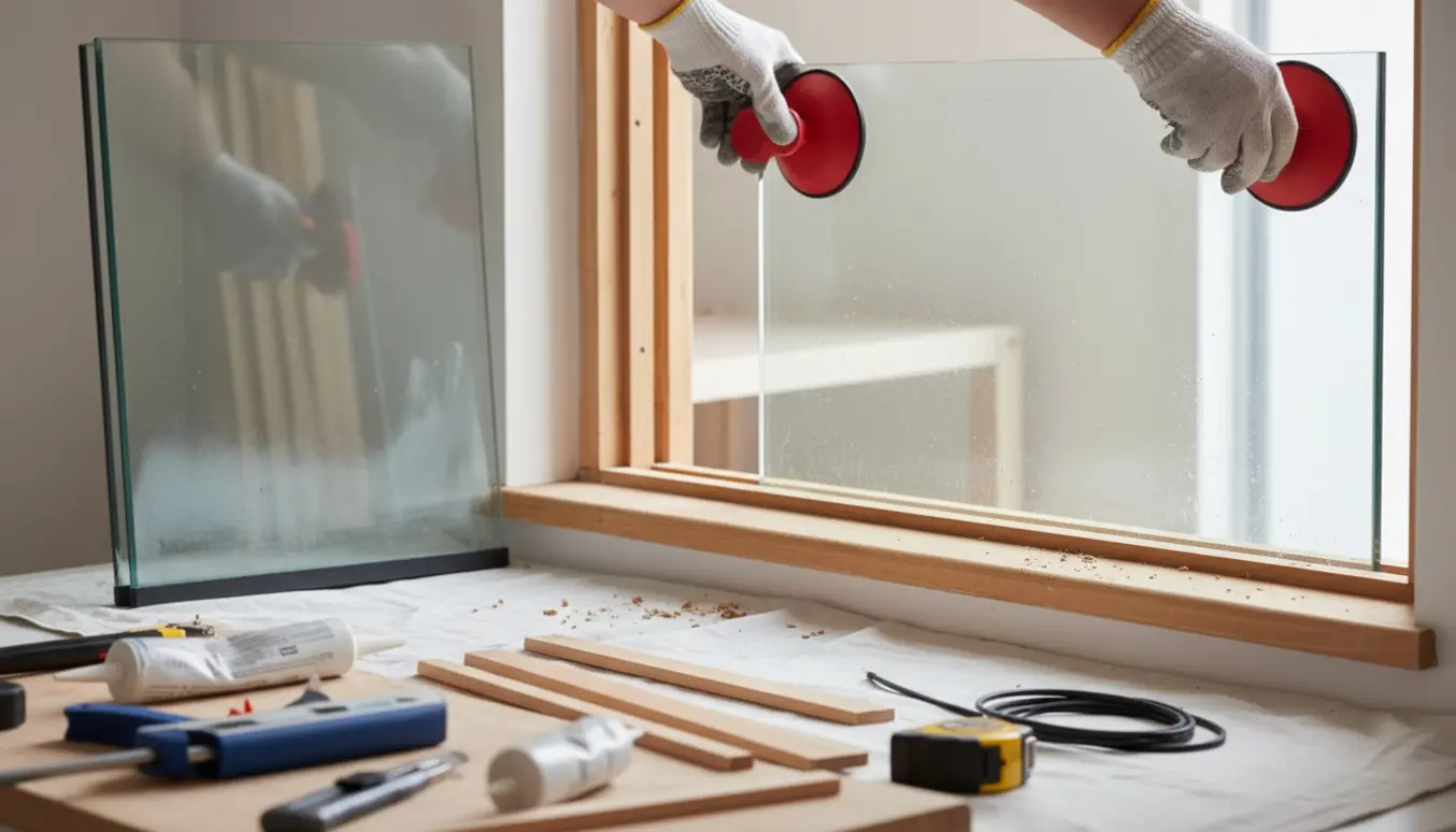 Arbejdshænder monterer en ny termorude med sugekopper i et vindueshul, mens den duggede punkterede rude ligger ved siden af.