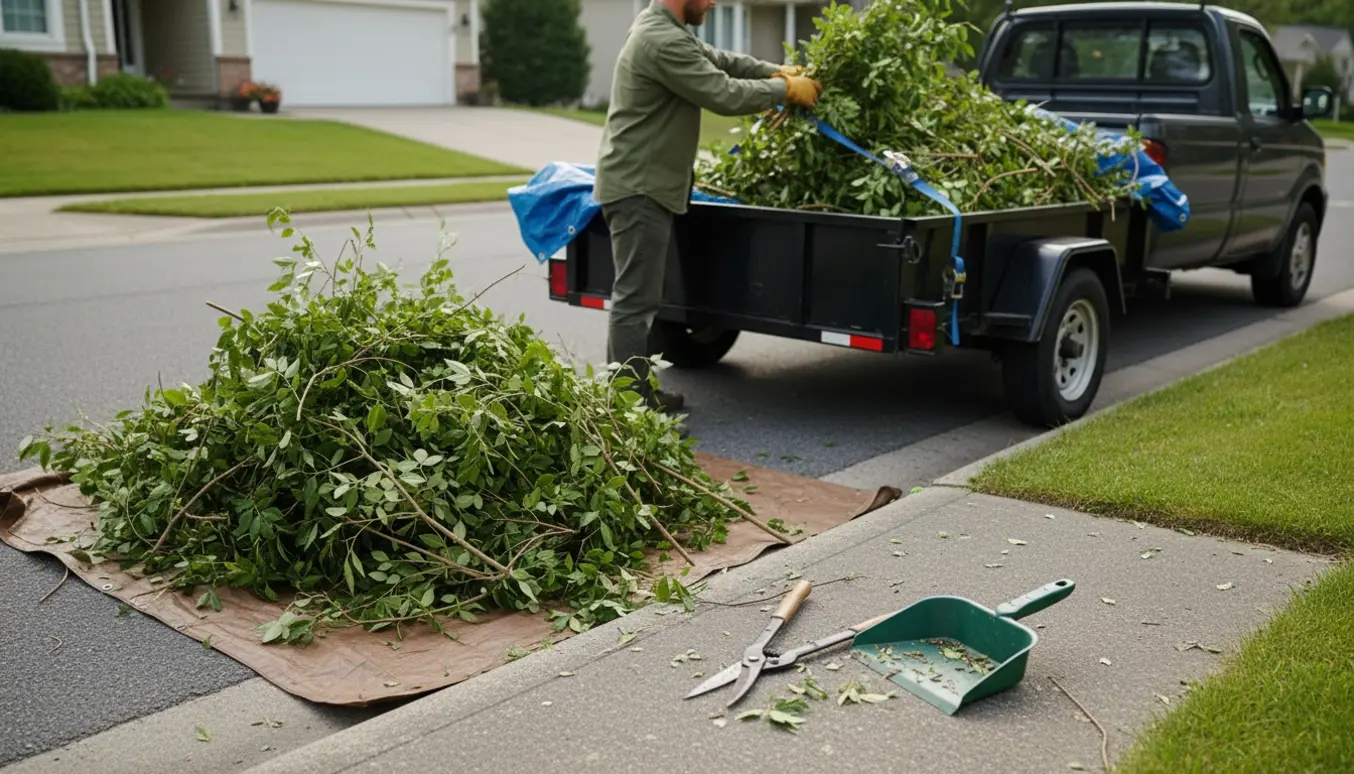 Trailer ved fortovet fyldt med hækafklip, en person læsser grene med handsker.