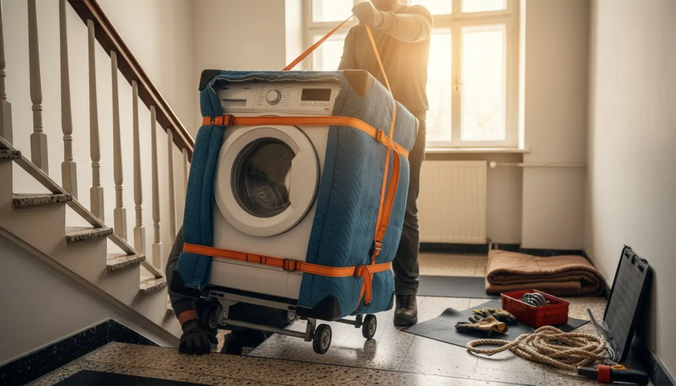 To personer bærer en tung vaskemaskine op ad en trappe mod en lejlighedslanding, ansigter er skjult.