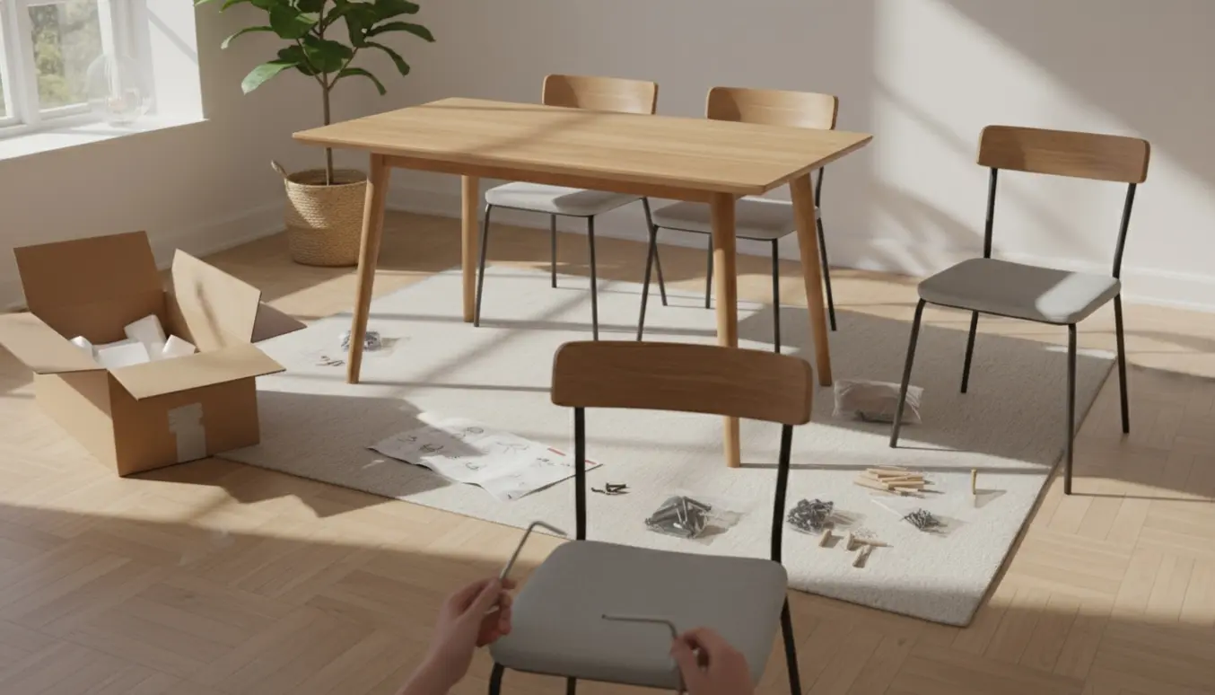 Delvist samlet spisebord og fire stole med værktøj og hænder, der samler en stol i et lyst rum.