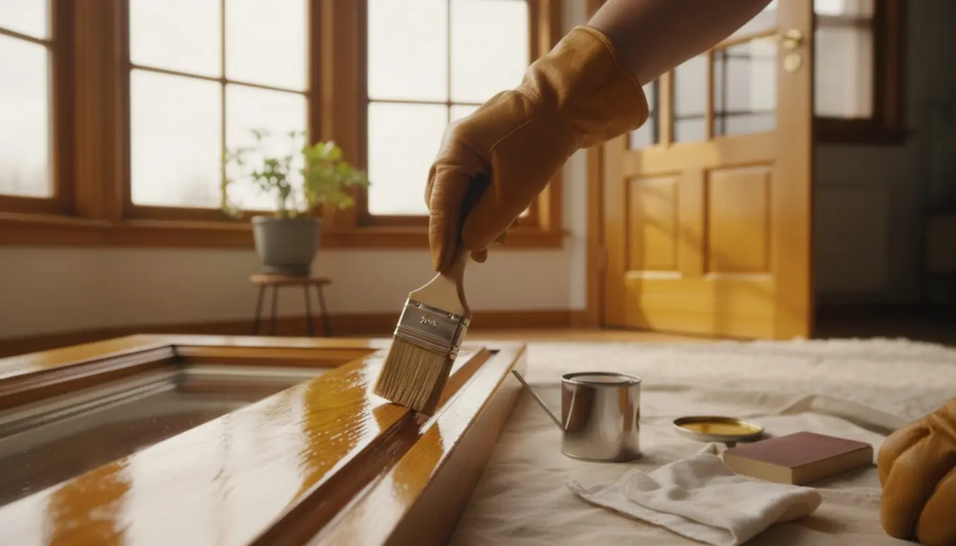 Handskerede hænder påfører træolie på et karnapvindue og en indvendig trædør i et solbeskinnet rum.