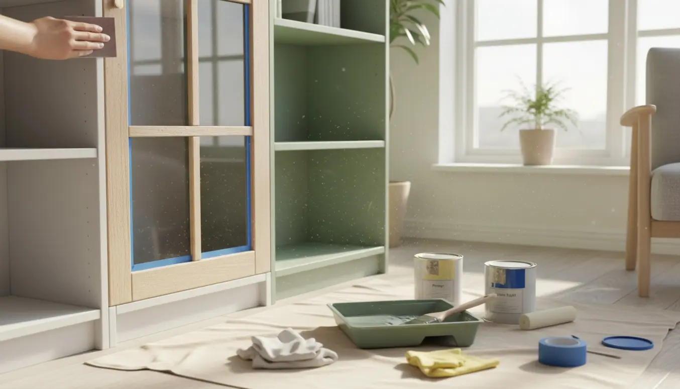 Hænder sliber og forbereder en Billy-reol med vitrinelåge i naturligt dagslys.