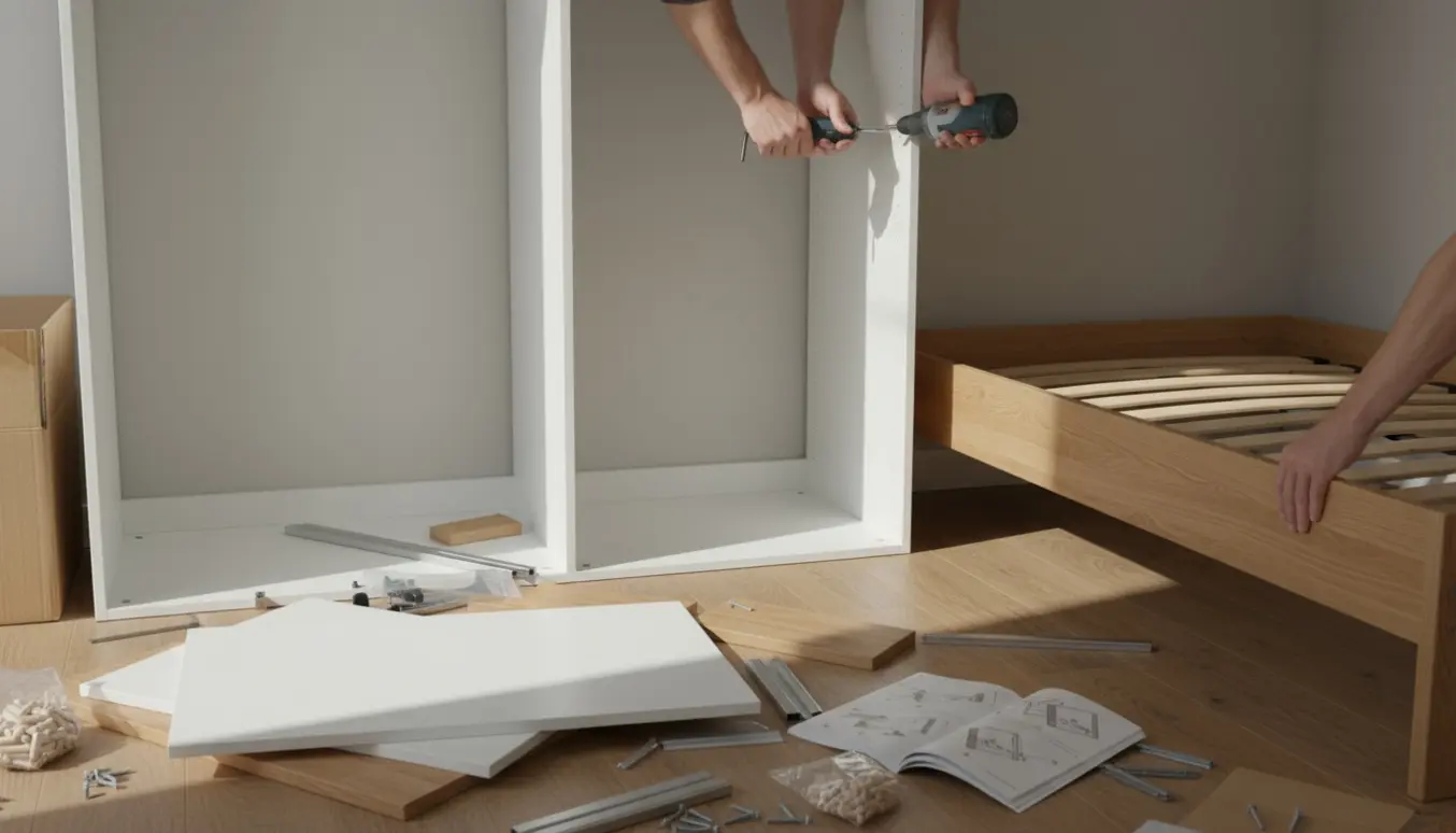 Halvfærdigt hvidt modulskab og seng i et lyst værelse med værktøj og hænder, der monterer delene.