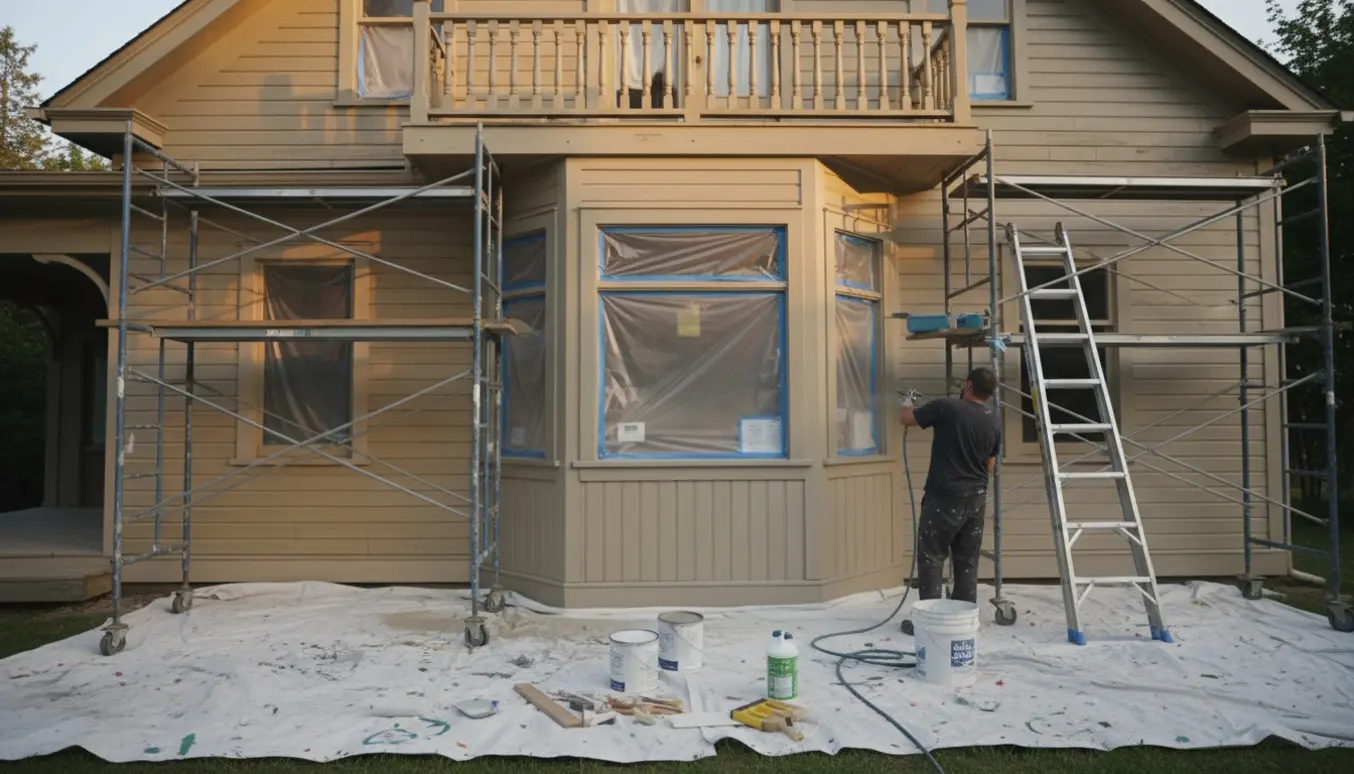 Udendørs facade under maling med altan og karnap, værktøj og delvist nymalet træværk.