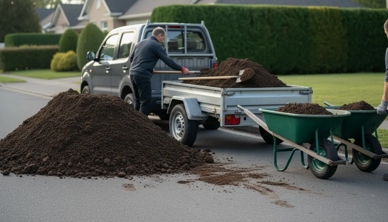 En person skovler jord ved vejkanten ind i en trailer med trillebøre ved siden af.