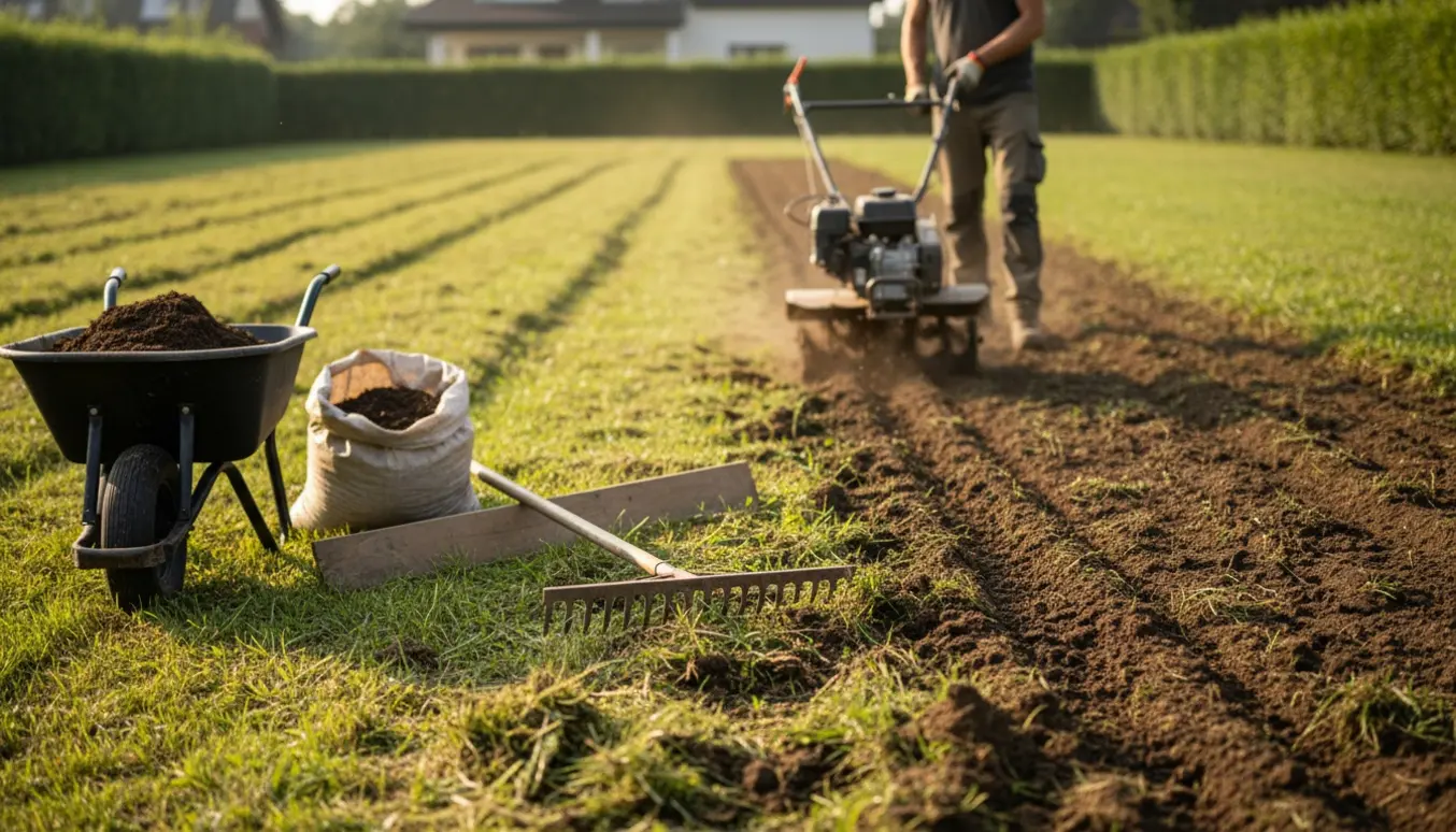 Bulet græsplæne bliver fræset og jævnet med en havefræser, med opgravet muld og rive i forgrunden.