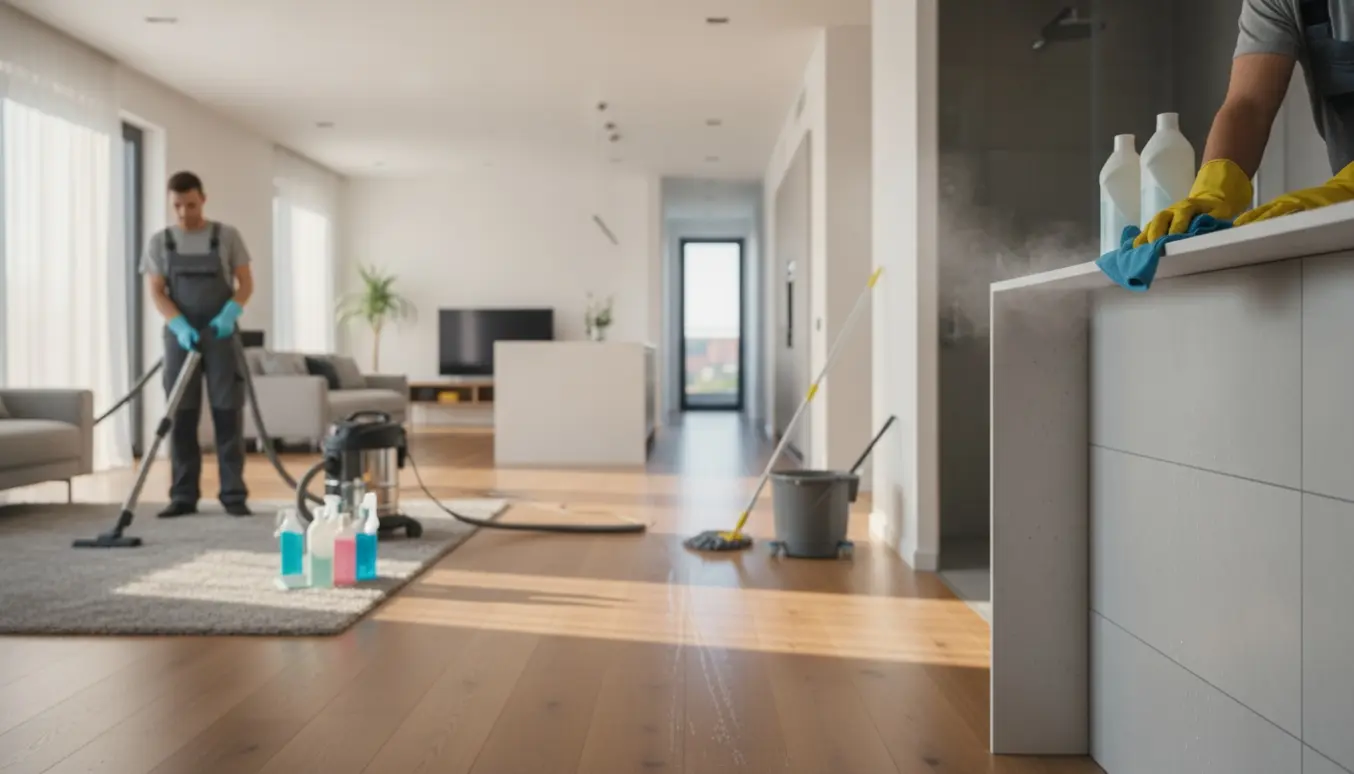 Hovedrengøring i et stort, lyst hjem med rengøringsudstyr og arbejdshænder uden tydelige ansigter.