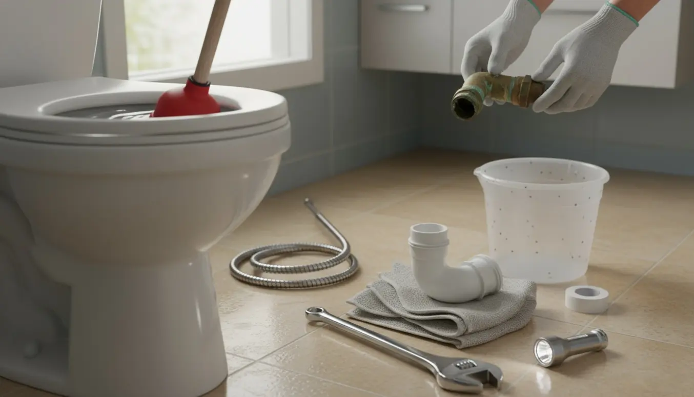 Nærbillede af et stoppet toilet i et lyst badeværelse med en toiletsugekop, afløbsrenser og en ny vandlås klar til udskiftning.