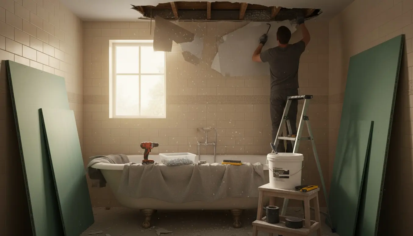 Delvist fjernet badeværelsesloft over badet med grønne vådrumsgipsplader og værktøj på plads.