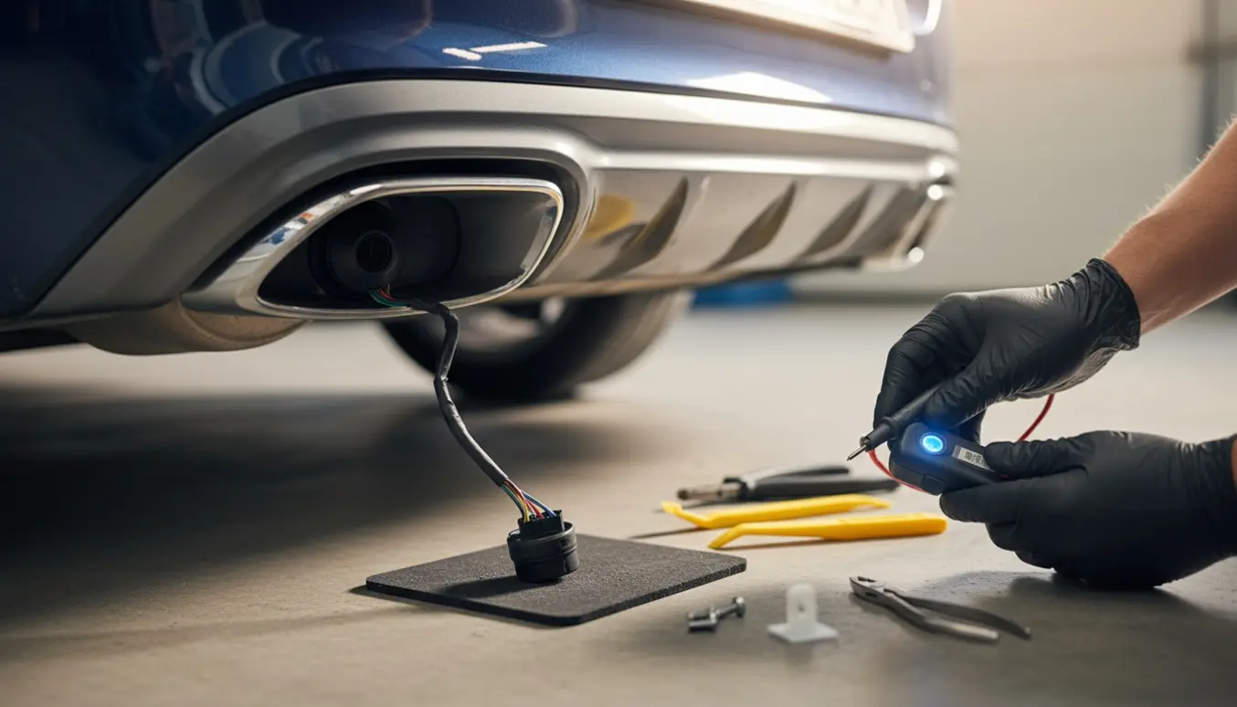 Nærbillede af en bagkofanger med en fjernet parkeringssensor og værktøj til fejlsøgning i et lyst garagemiljø.