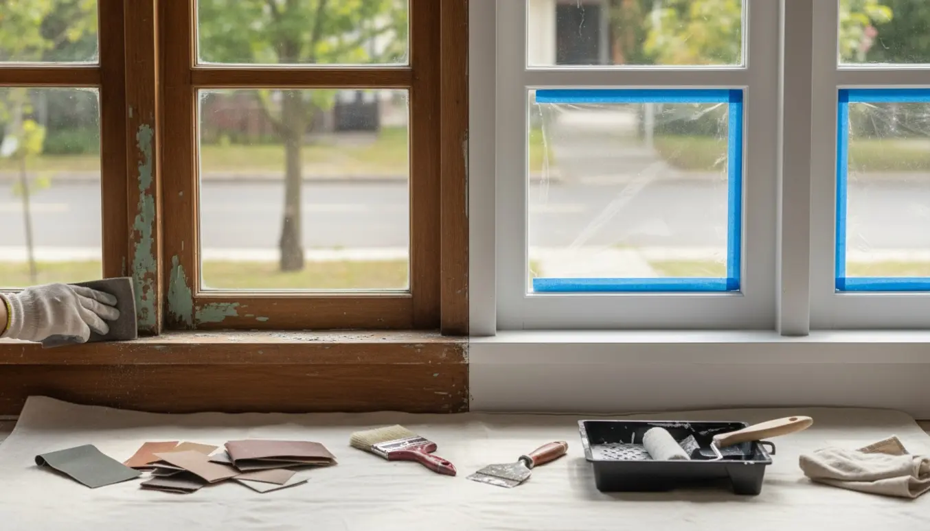 To stuevinduer ved vejen, det ene slebes med en slibeklods, det andet er nymalet med glasset dækket af malertape.