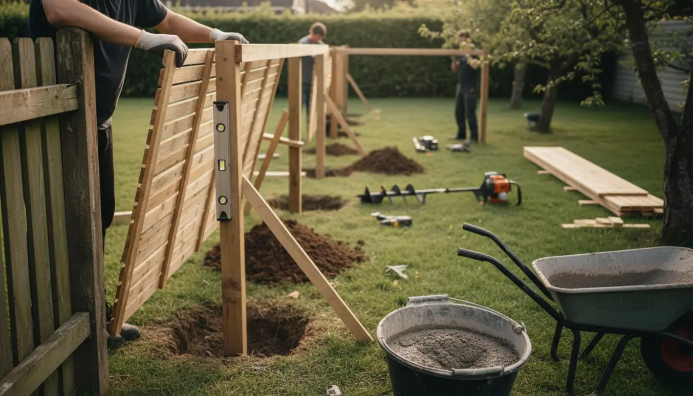 Håndværker fjerner delvist væltet lamelhegn og sætter nye stolper i beton i en have.