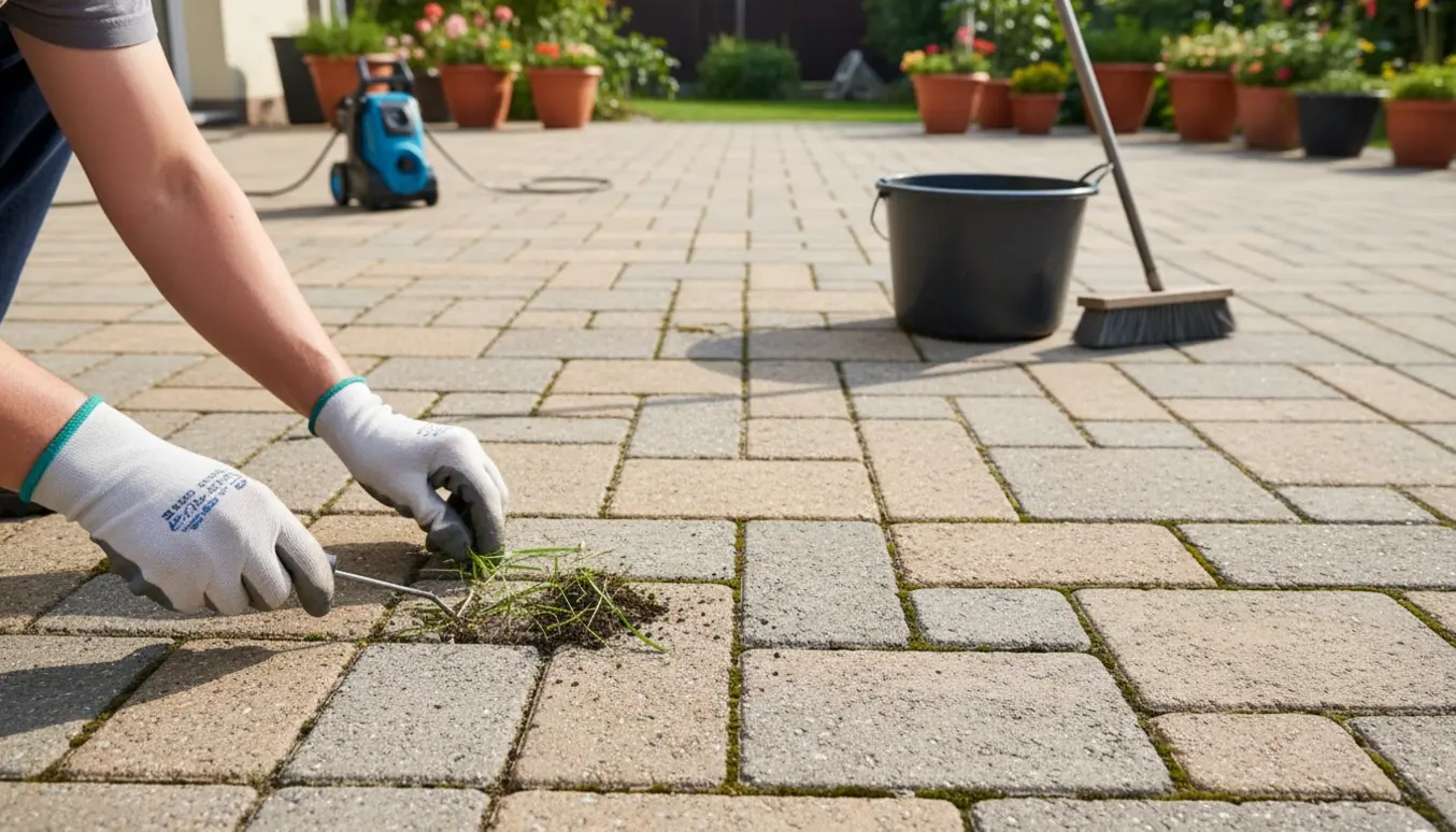 Nærbillede af handsker, der fjerner ukrudt mellem rådhusbelægning på en terrasse.
