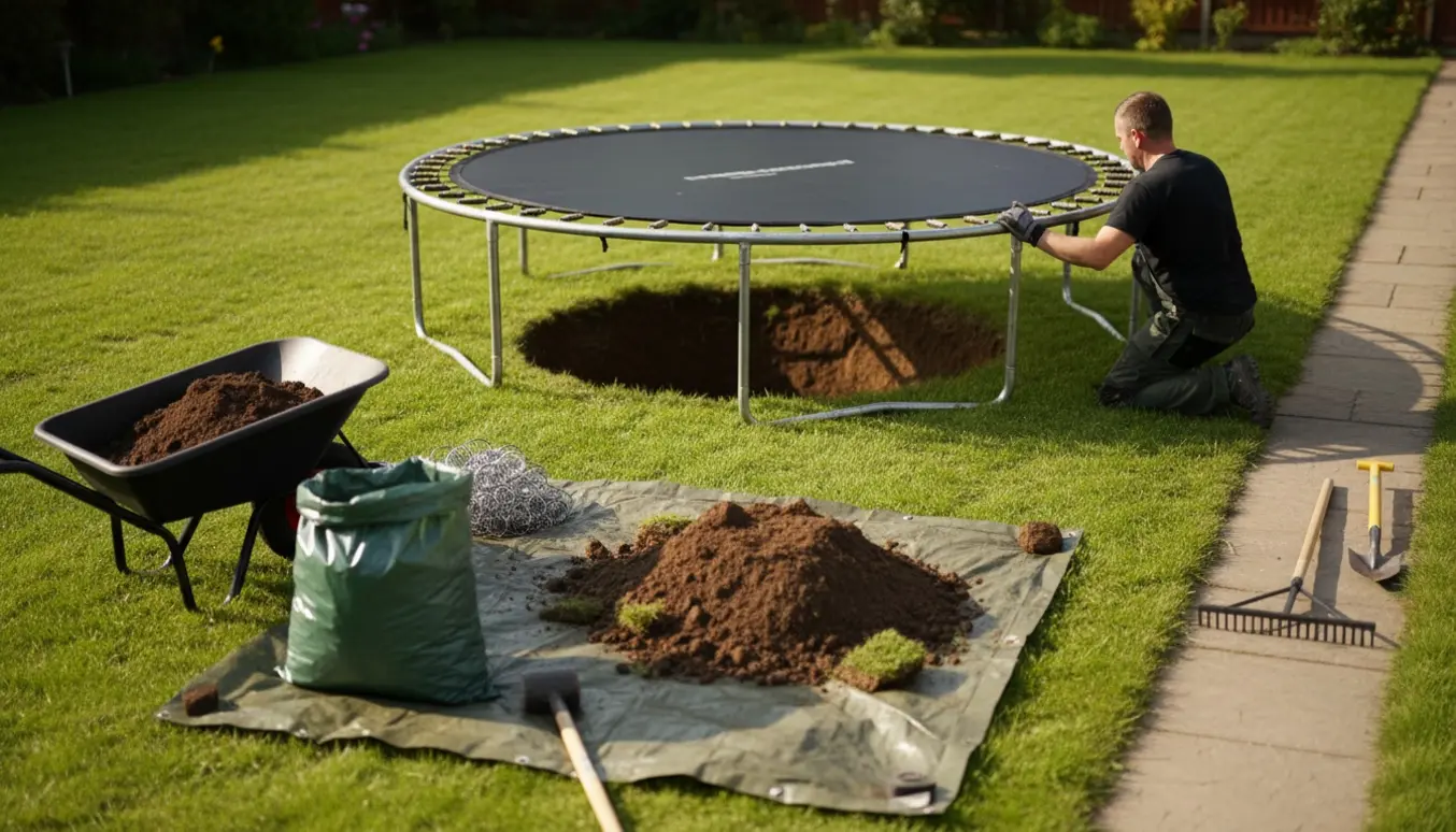 En person graver en stor rund trampolin ned i en solrig baghave med skovl, trillebør og en bunke jord ved siden af.