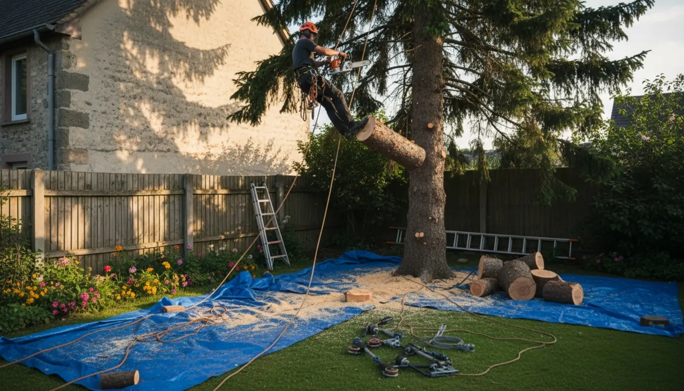 Klatrer fælder et højt grantræ sektion for sektion i et havehjørne med tov, motorsav og kappede stammer på græsset.
