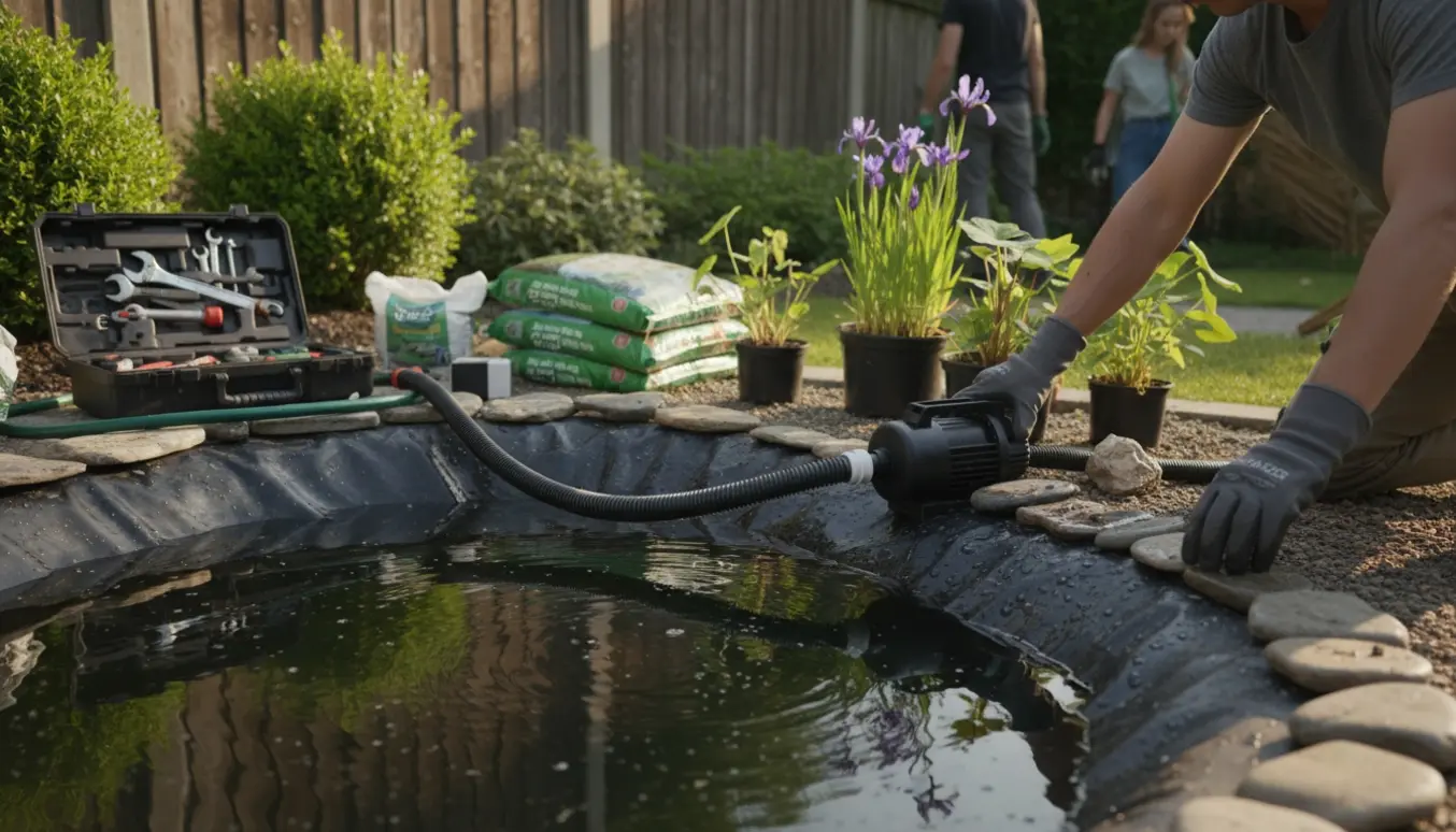 Havedam under renovering med ny nedsænkelig pumpe, sten, potteplanter og handsker ved kanten.