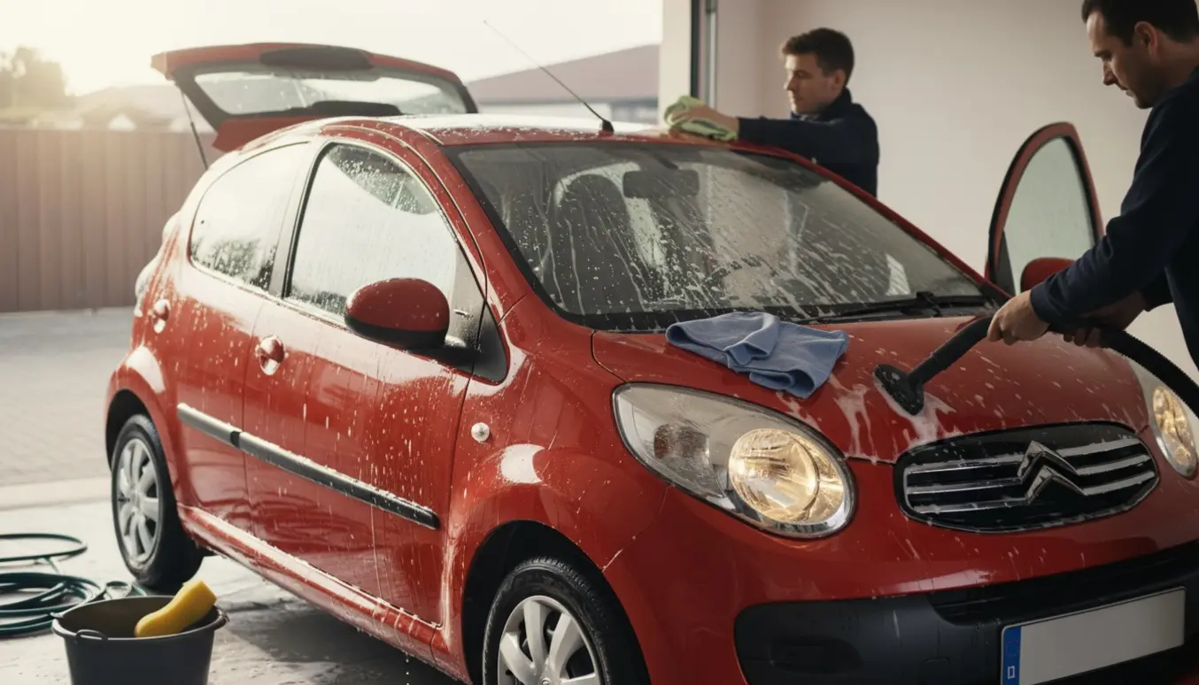 En lille bybil rengøres grundigt ind- og udvendigt med støvsuger, sæbespand og mikrofiberklude i en solrig indkørsel.