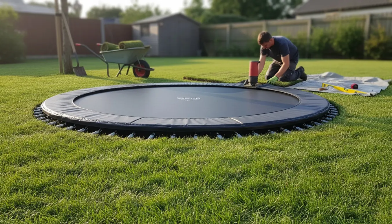 Nedgravet Berg flatground trampolin lagt i niveau med græsplænen, håndværkere ved at færdiggøre kanten.