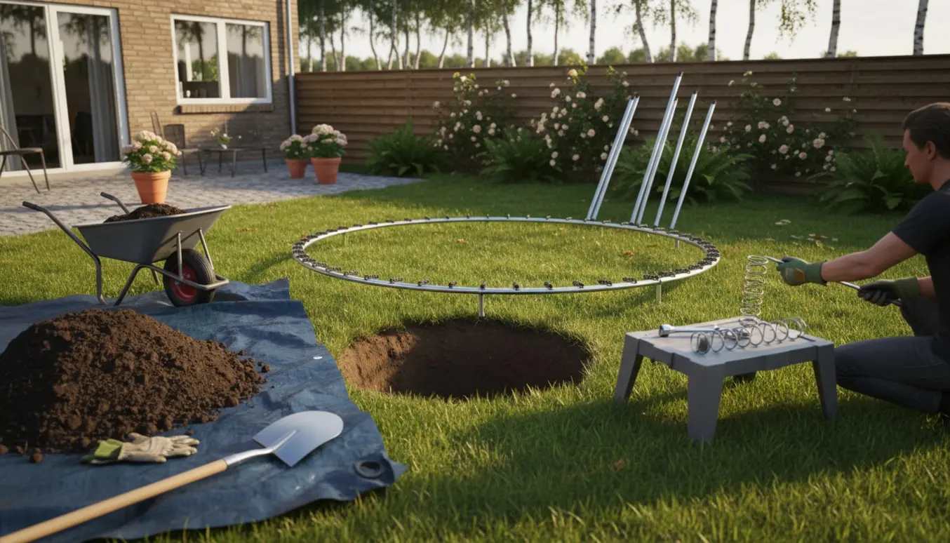 Udgravning og samling af nedgravet trampolin i en baghave med trillebør, skovl og værktøj i fokus.